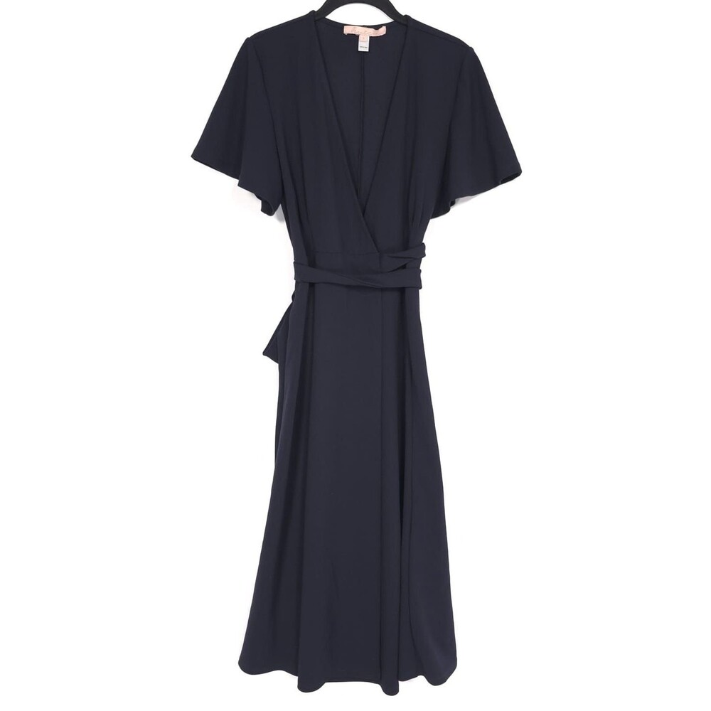 ANTHROPOLOGIE Hutch Maxi Dress SMALL Navy Tie Belt Wrap V-Neck Flutter Sleeve